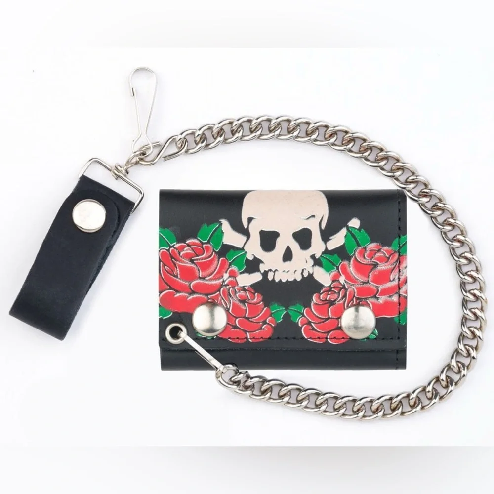 Mens Biker Leather Chain Wallet Tri-Fold - Motorcycle - Roses & Skull